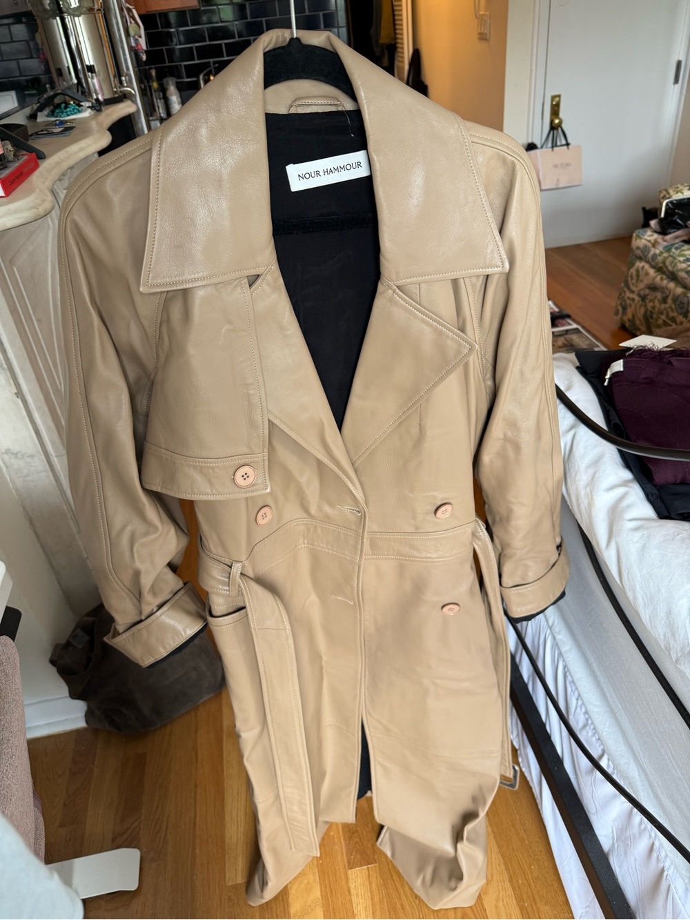 NOUR HAMMOUR Beige Leather Trench Coat